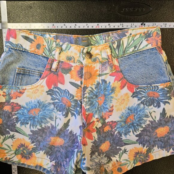 Vintage Paris Blues Floral Denim High-Waisted Retro Soft Girl Shorts 27 Rare - Picture 6 of 8